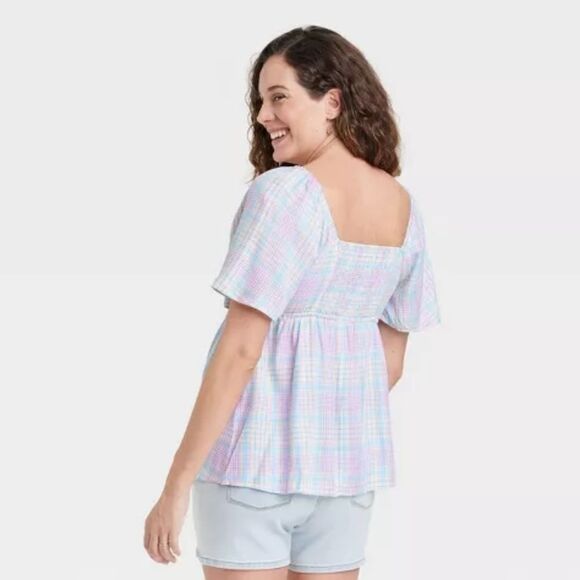 🆕🔥Isabel Woven Peek-a-boo Tie-Front Maternity Top - Plaid - Picture 3 of 3